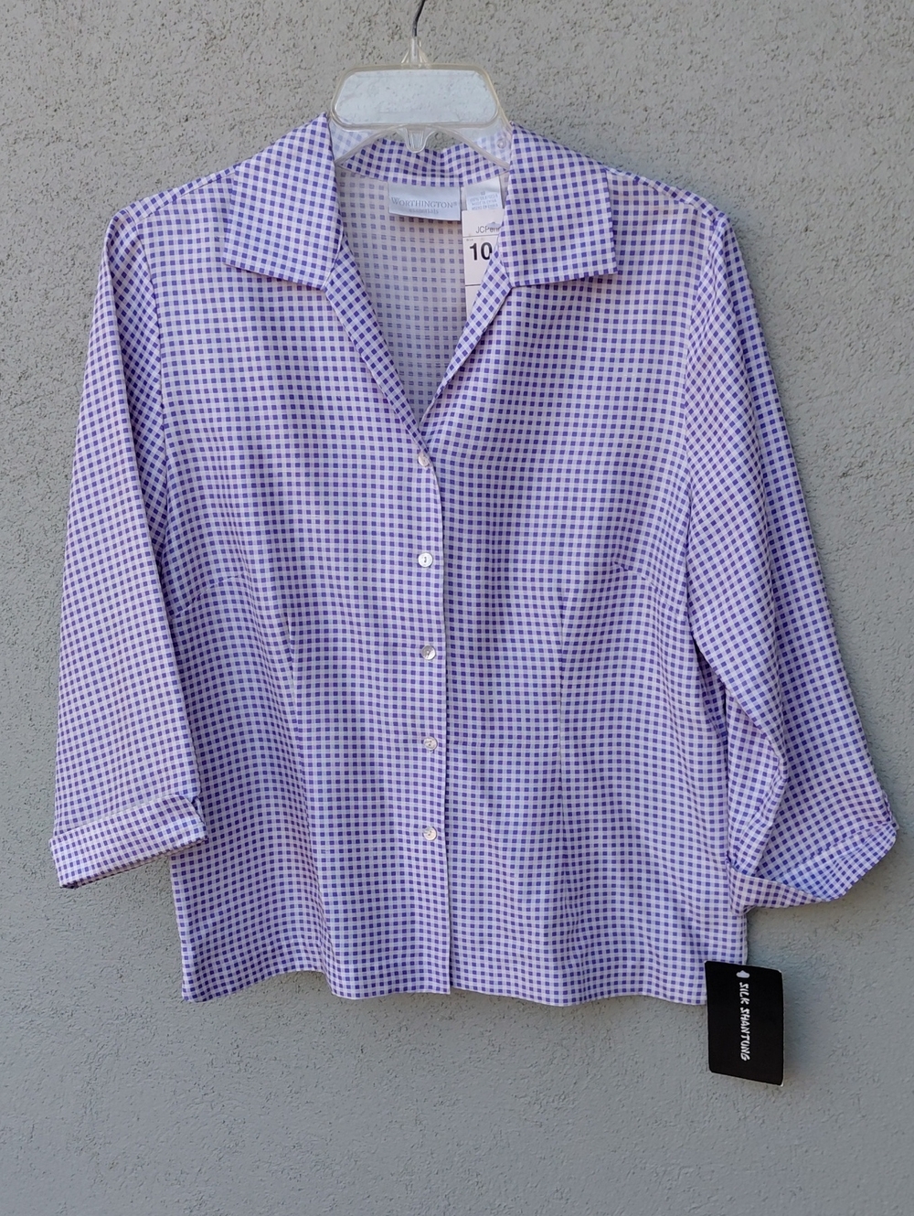 Worthington Essentials Silk Lavender White Checkered Blouse Women's 10